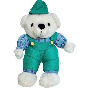 Vintage Dollywood Plush Stuffed Animal Teddy Bear Plaid Shirt Green Overalls Hat